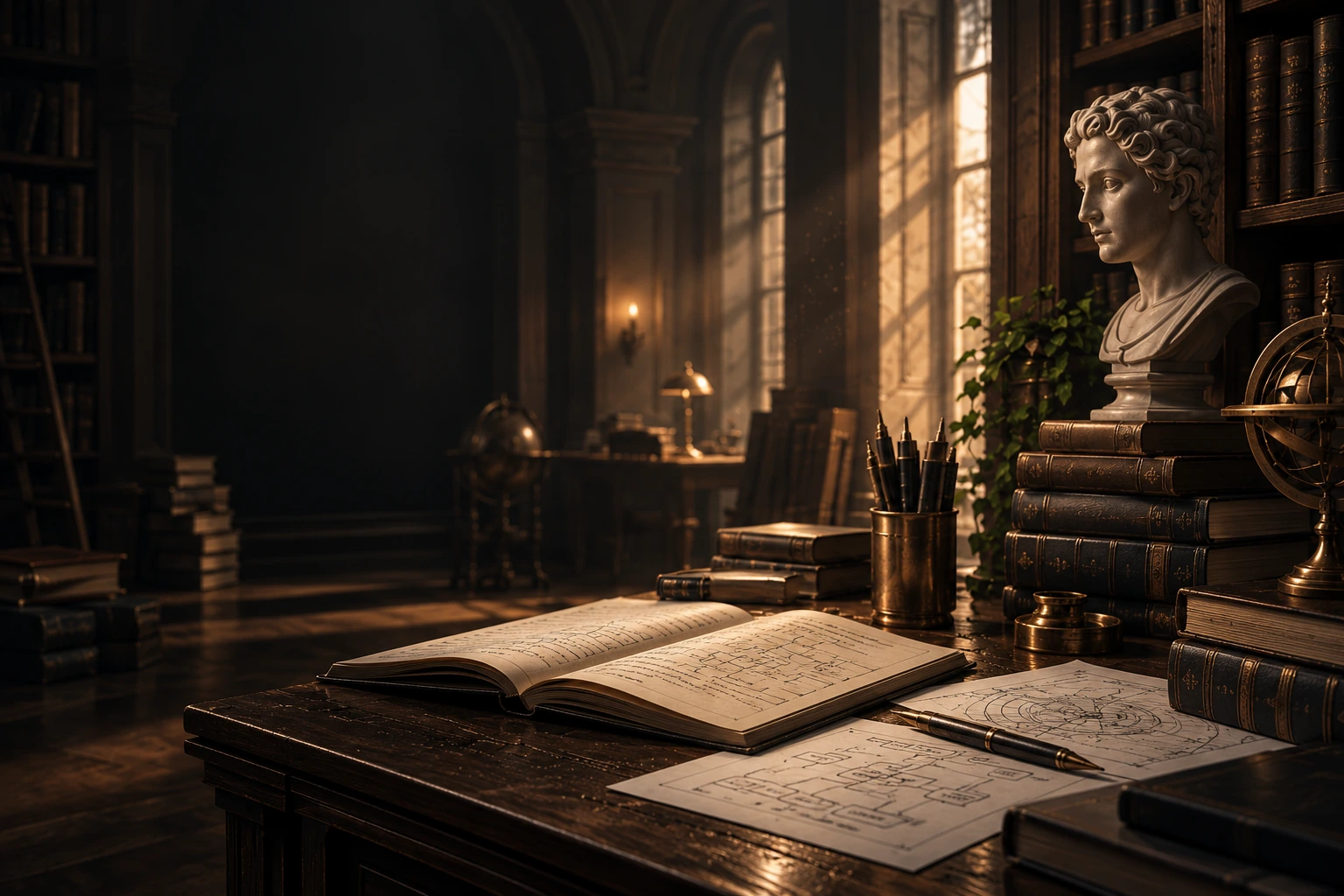 Classical study desk with programming notes