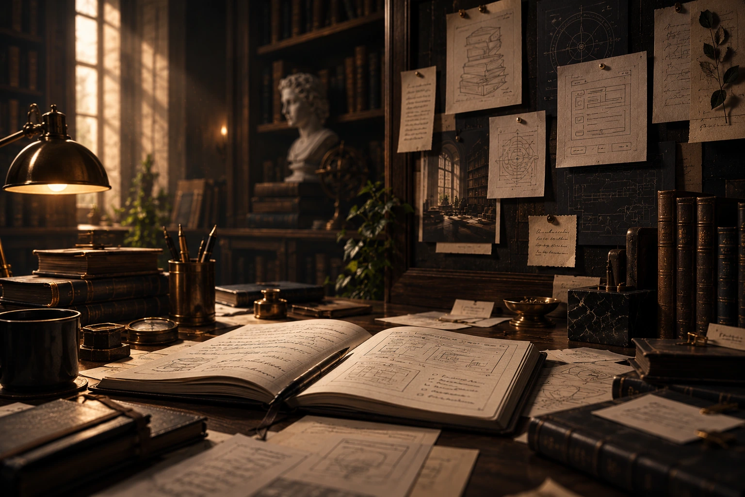 Editorial desk with programming notes and diagrams